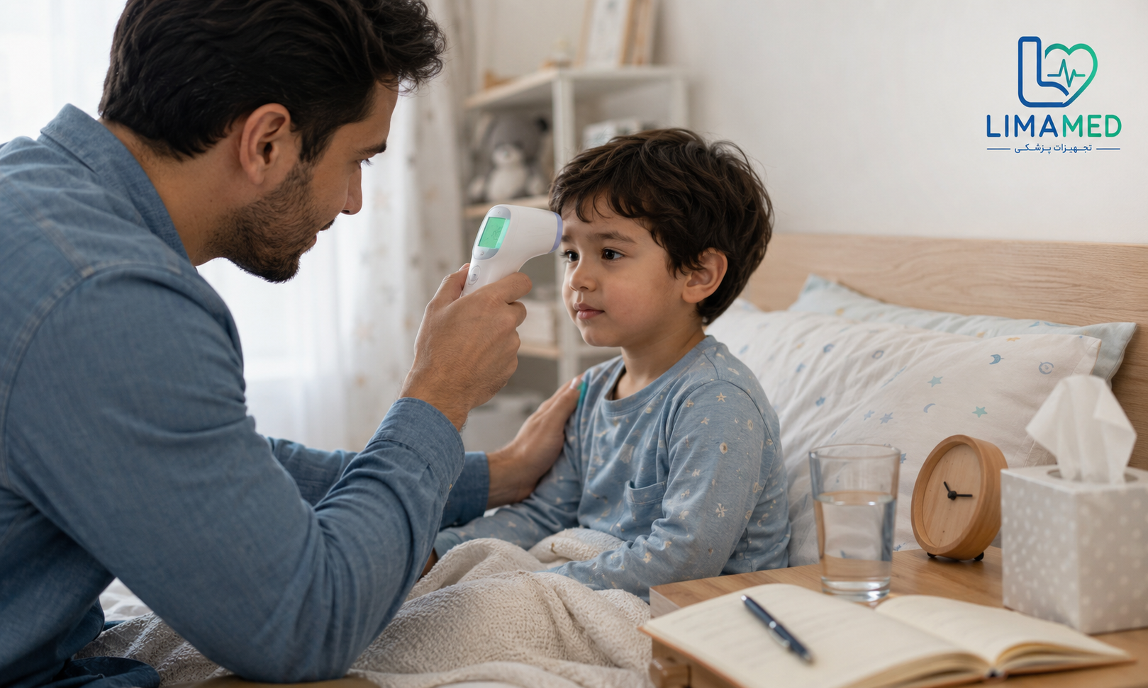 اندازه گیری تب کودک با تب سنج دیجیتال در منزل
