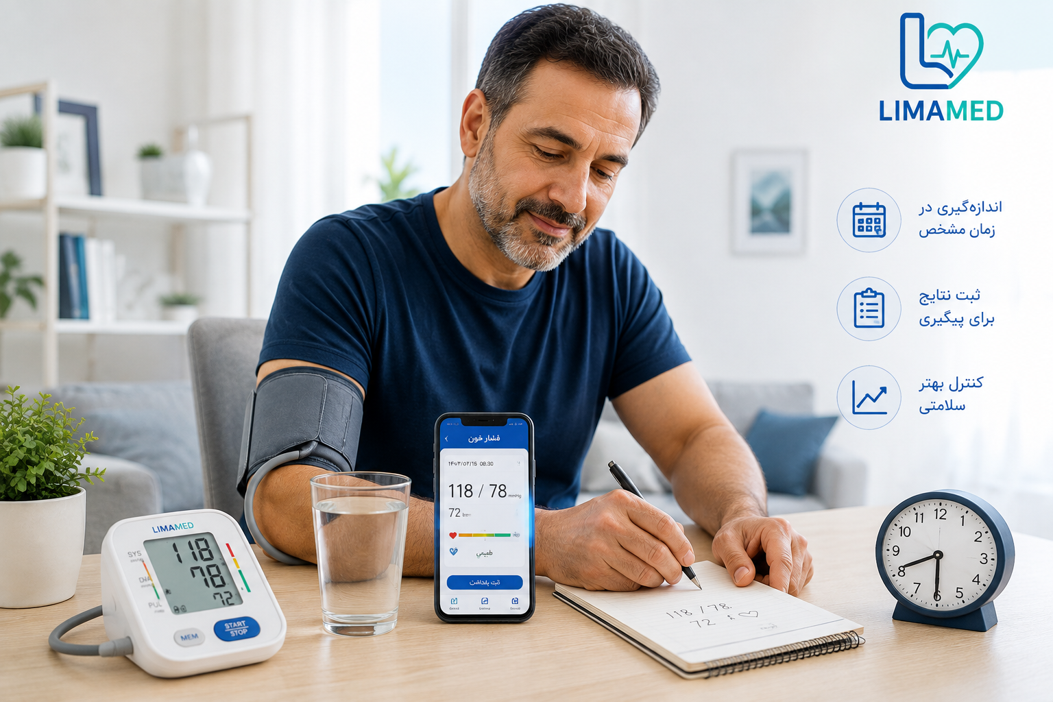 ثبت نتایج فشار خون در منزل با فشارسنج بازویی و دفترچه یادداشت برای پایش منظم فشار خون